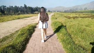 Superslut with strenuous gams showcases off her butt and labia and fellates a trouser snake outdoors