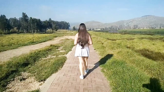 Superslut with strenuous gams showcases off her butt and labia and fellates a trouser snake outdoors