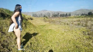 Superslut with strenuous gams showcases off her butt and labia and fellates a trouser snake outdoors