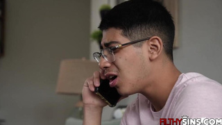 Stepmother leaps on top and oils up her stepsons man meat