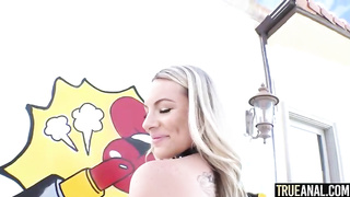 Sex-Positive towheaded honey with large bumpers, Bunny is about to get a lollipop up her bum