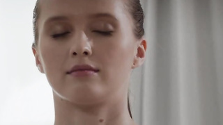 Marvelous teenie dark haired is using a massager to make herself spunk early in the morning