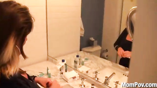 Huge-Titted platinum-blonde cougar is providing a suck off to a junior stud, while getting down on all fours in front of him