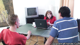 2 boys pummel older office mature manager