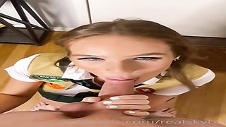 Hefty boobed honey with blue eyes is gargling beef whistle and getting romped from the back