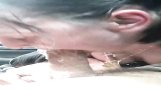 Lusty doll is fellating her step- dad's spear in the truck, while no one is seeing