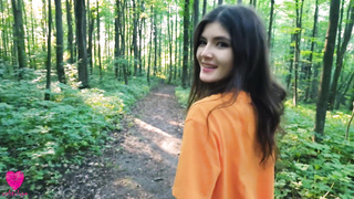 A thirsty woman on a walk in the woods took a dude into the bushes so that he fed her with new nut nectar