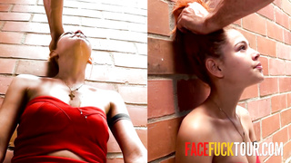 Waitress toughly face plowed against a wall in back alley for messing up order