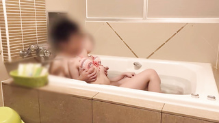 Smallish Korean dark haired is gargling her married paramour's cock in the bathtub bathtub, late at night