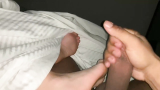 Expert honey, Queen Denise is providing a feet wank to her paramour, knowing that he loves it