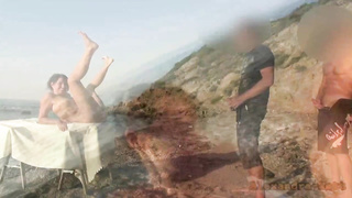 Super-Naughty black-haired is opening up her gams broad open and getting plowed firm, on the beach