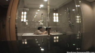 Puny breasted, Chinese dame is opening up her gams broad open while getting torn up in a motel bedroom