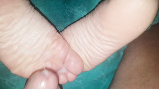 Babe fucked in fishnets man cums over her feet