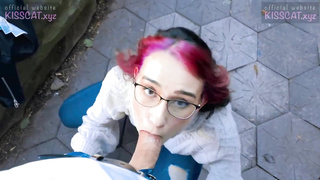 Crimson haired babe with glasses, Smooch Cat is getting humped in a public place, in the afternoon