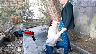 Crimson haired babe with glasses, Smooch Cat is getting humped in a public place, in the afternoon