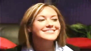 Fledgling platinum-blonde chick with glasses is about to fellate a rock stiff manstick like a professional