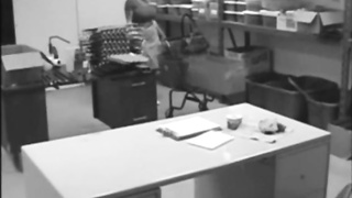 Fat breasted dame is jerking on her working desk while no one is witnessing her in activity