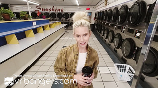 Smallish blondie woman with puny globes, Kiara Cole is pummeling a stranger in the laundry bedroom