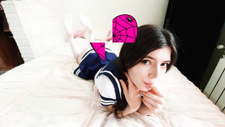 Sweetie in college uniform with a brief mini mini-skirt gets screwed in all her fuck holes and gets assfuck internal ejaculation