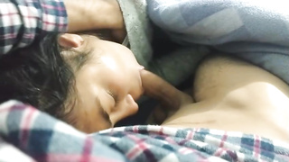 Spanish dark haired is fellating her step- stepbro's prick early in the morning, to make him jism