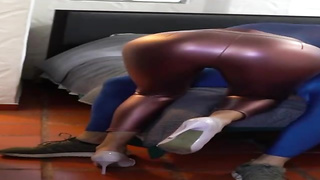 Molten, fledgling stunner in shining pantyhose and high stilettos is getting pulverized from the back