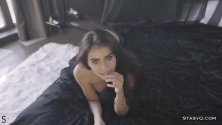 Steaming dark haired in softcore, black undergarments, IdaQ is about to commence petting herself in a horny way