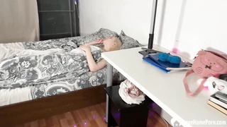 Nice blond honey is throating a rock firm sausage and yelling from gusto while getting screwed