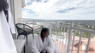 Whorey, Ebony damsel is inhaling her paramour's chisel on the balcony, in the middle of the day