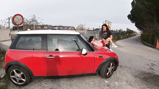 Diminutive dark-haired is about to have casual fuck-fest in a public place, in the late afternoon