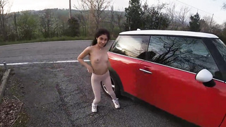 Diminutive dark-haired is about to have casual fuck-fest in a public place, in the late afternoon