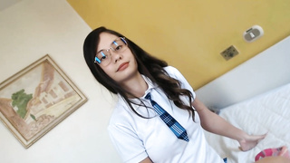 Nerdy teenie brown-haired with glasses is about to have ass fucking intercourse for the first-ever time