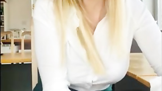 Whorish light-haired professor with XXL hooters is wanking in front of the camera, just for joy