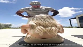 Buxom towheaded honey is having casual hook-up from the back with her intimate trainer and luving it