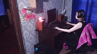 Ponytailed teenager brown-haired is fellating her married neghbor's rod as deep as she can guzzle it