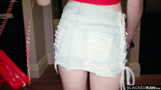 Puny breasted, ash-blonde female, Lilly is gargling Anton's giant, black rod before getting slammed with it