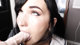 Petite jugged brown-haired with ponytails is finger-banging her twat and deepthroating a thick, faux beefstick