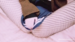 Insane Asian college girl opens up her gams and plays with herself while dressed in fishnet stocking