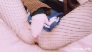 Insane Asian college girl opens up her gams and plays with herself while dressed in fishnet stocking