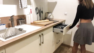 Ebony housewife gets leaned over and raised onto the kitchen counter to get her cell tucked