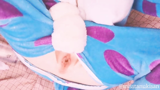 Handy Japanese mega-bitch hardly uncovers her fragile clothes to have fun with her mounds and labia