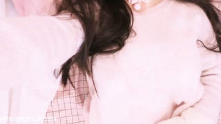 Chinese nubile in a sensitized rosy sweater unsheathes her mouth-watering and gigantic funbags and plays with them