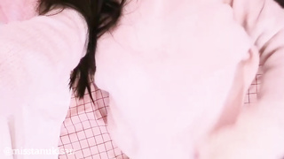 Chinese nubile in a sensitized rosy sweater unsheathes her mouth-watering and gigantic funbags and plays with them