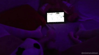 Wild Asian fuckslut dims the light and plays with her cunny while witnessing anime porn on her smartphone