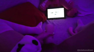 Wild Asian fuckslut dims the light and plays with her cunny while witnessing anime porn on her smartphone