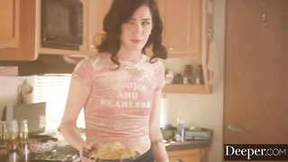 Clean-Shaved doll, Tyler is providing a deep sucky-sucky to her paramour, while getting down on all fours in front of him