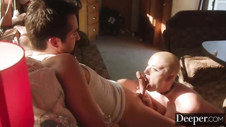 Clean-Shaved doll, Tyler is providing a deep sucky-sucky to her paramour, while getting down on all fours in front of him