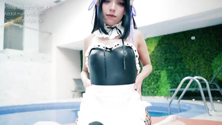 Blue- spotted black-haired was hired as a maid because she was willing to deep-throat schlongs