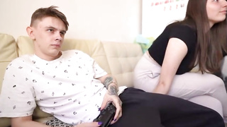 Buxom brown-haired gave a dt to her step- bro and made him jizz all over her face