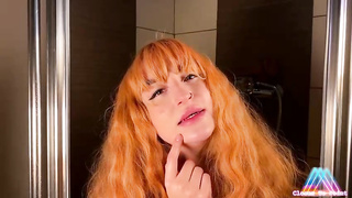 Crimson haired gal is fingerblasting and frolicking her bootie before throating a enormous, faux manmeat