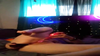 Buxom blondie girl in glamour underwear is frolicking both of her fuck-holes while draining on webcam